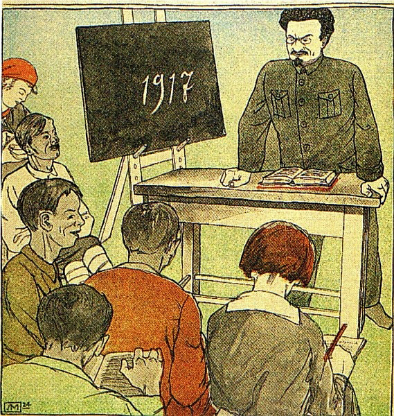 Рисунок Л. М. «В партийной школе. Тов. Троцкий задумал давать „Уроки Октября“. Придётся ему сначала получать уроки ленинизма»