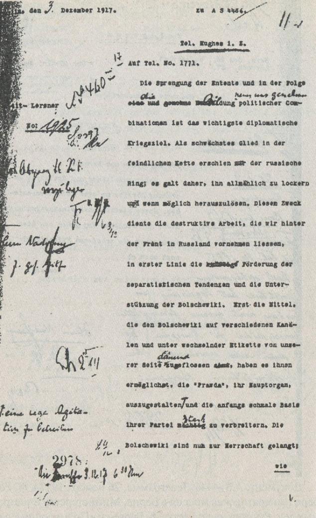  к A.S. 4486. 3 декабря 1917 г. Рабочие пометки ф. Кюльмана к докладу германскому кайзеру. 