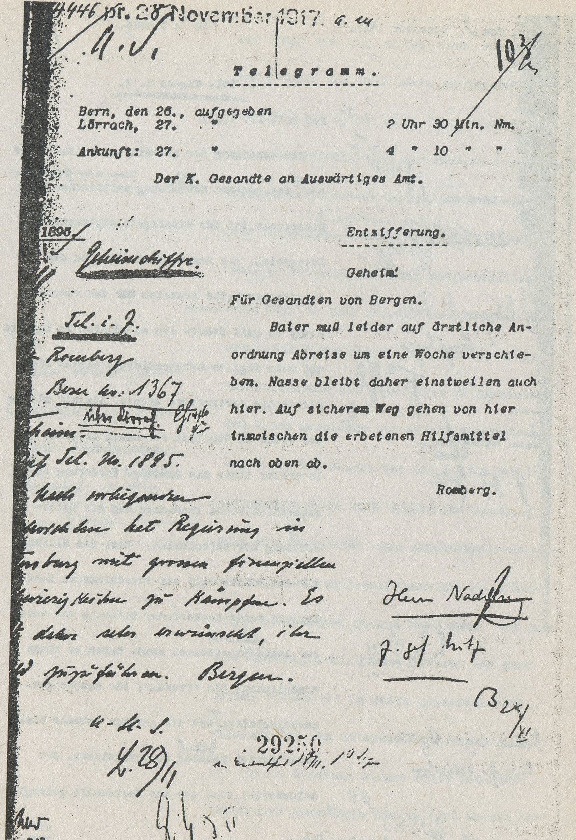 A.S. 4446. Телеграмма, 26 ноября 1917 г. ф. Ромберг, императорская миссия в Берне, Министерству иностранных дел. 